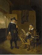 Quirijn van Brekelenkam, Interior with angler and man behind a spinning wheel.